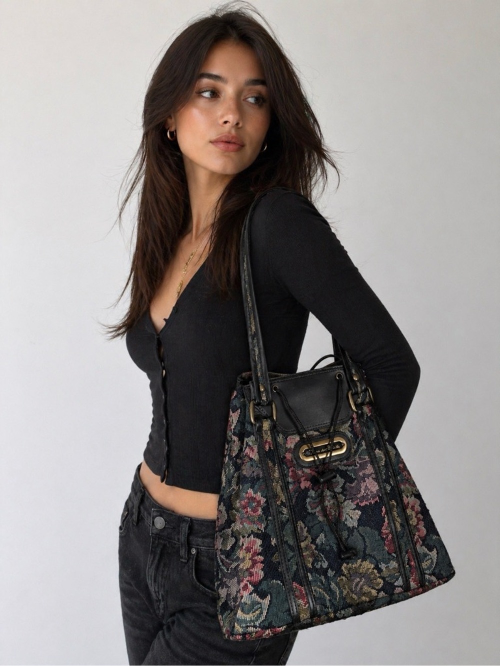 Oscar de la Renta Vintage Floral Tapestry Bucket Bag